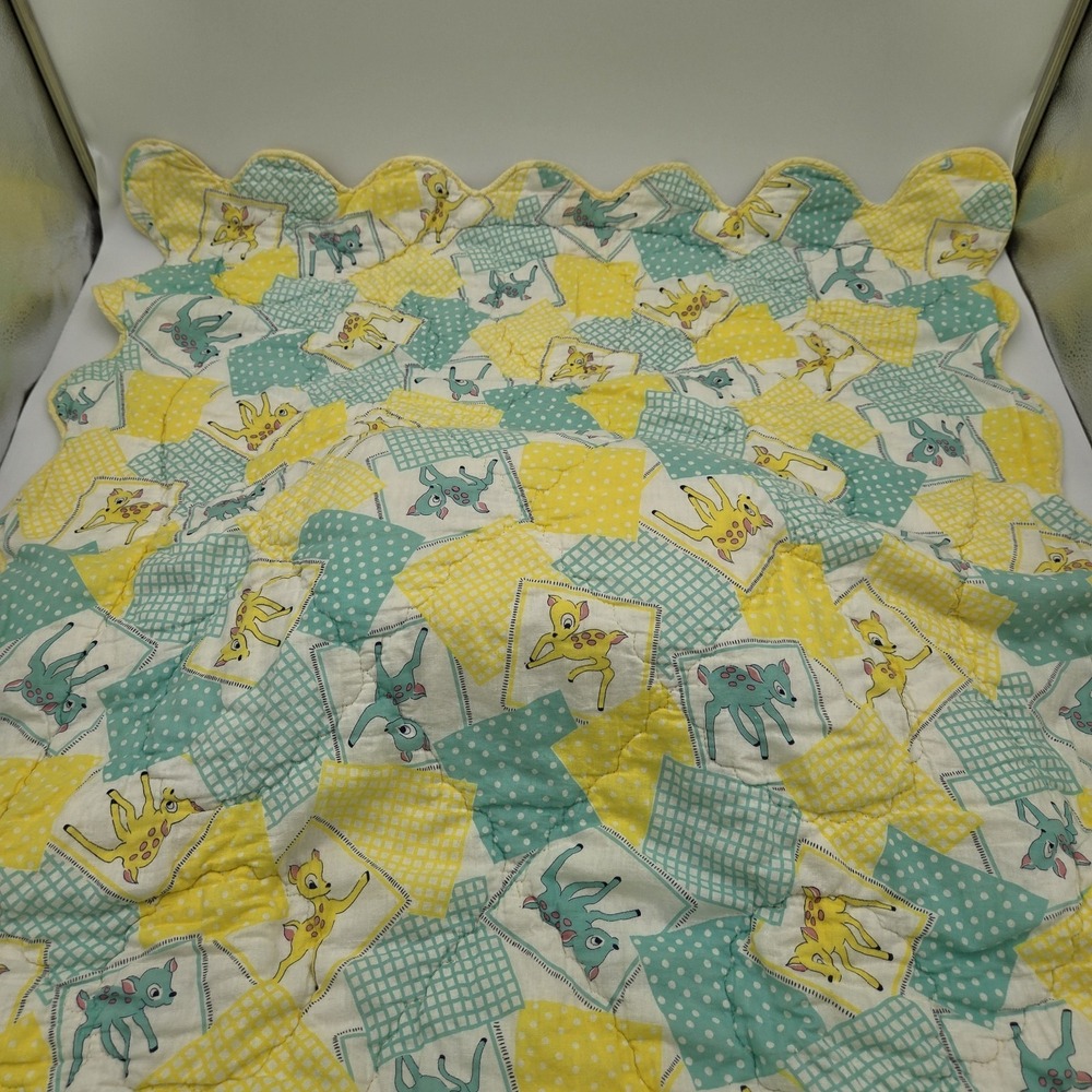 Vintage Baby Quilt Blanket Deer Yellow Blue Print Scallop Edge 32" x 42" Quiltex